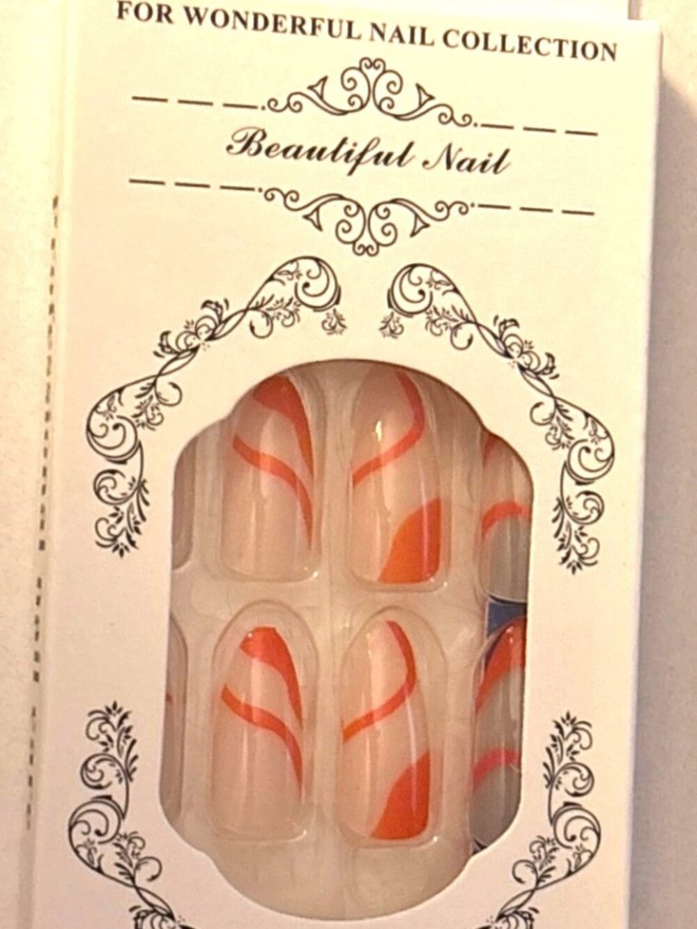 Beautiful Nail Press-On Nails With Orange Swirl Design - 24pcs Set With Adhesive